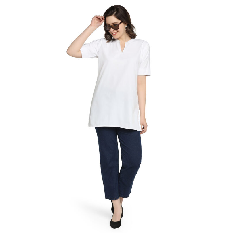 WOMEN SHORT KURTA WHITE IN CHINESE COLAR