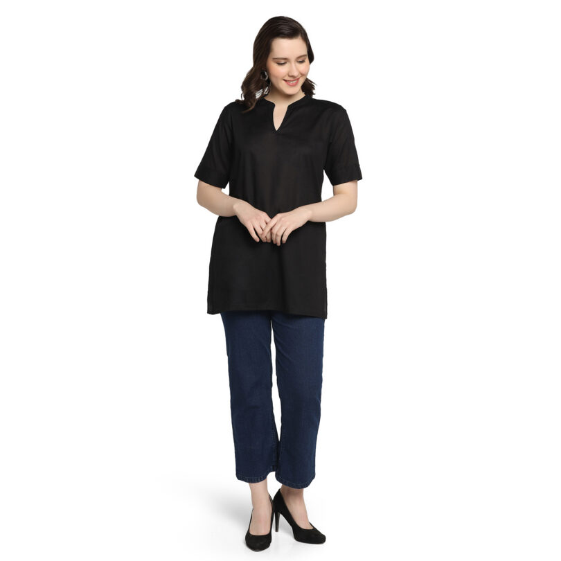 WOMEN COTTON TOP PLAIN BLACK CHINESE COLLAR