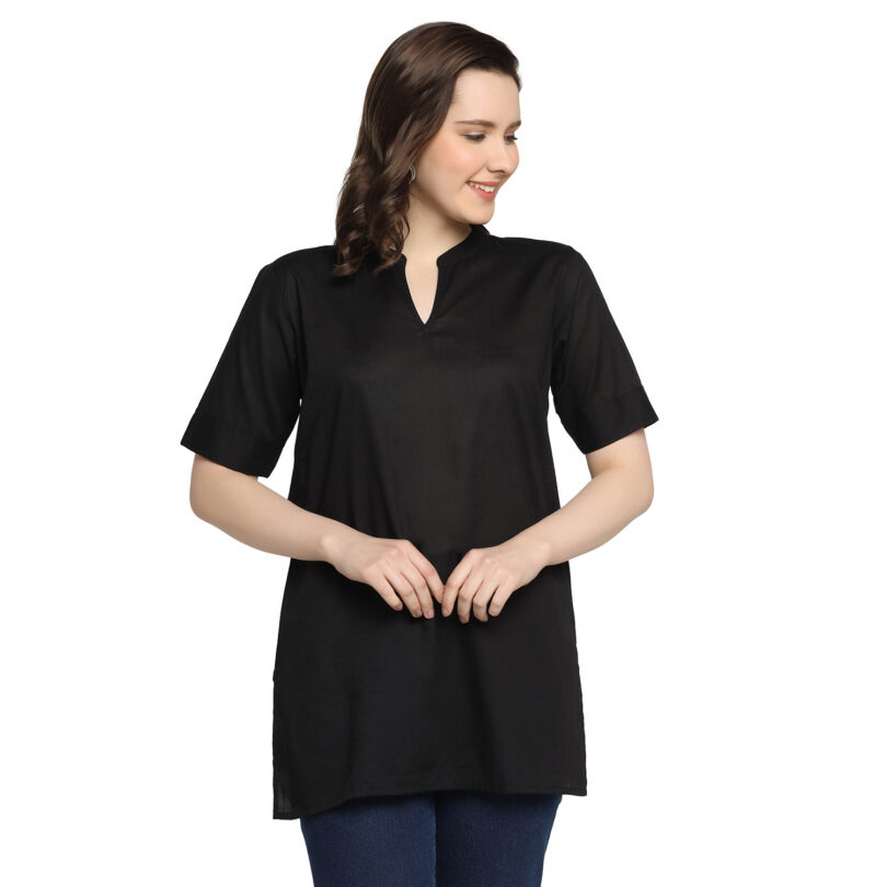 WOMEN COTTON TOP PLAIN BLACK CHINESE COLLAR - Image 2