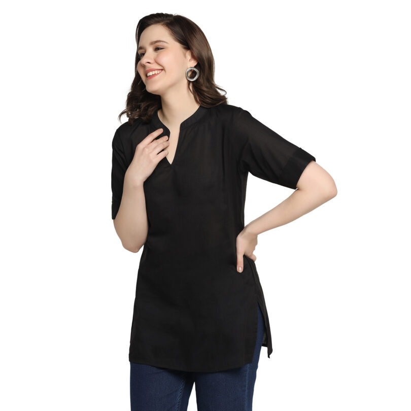 WOMEN COTTON TOP PLAIN BLACK CHINESE COLLAR - Image 4