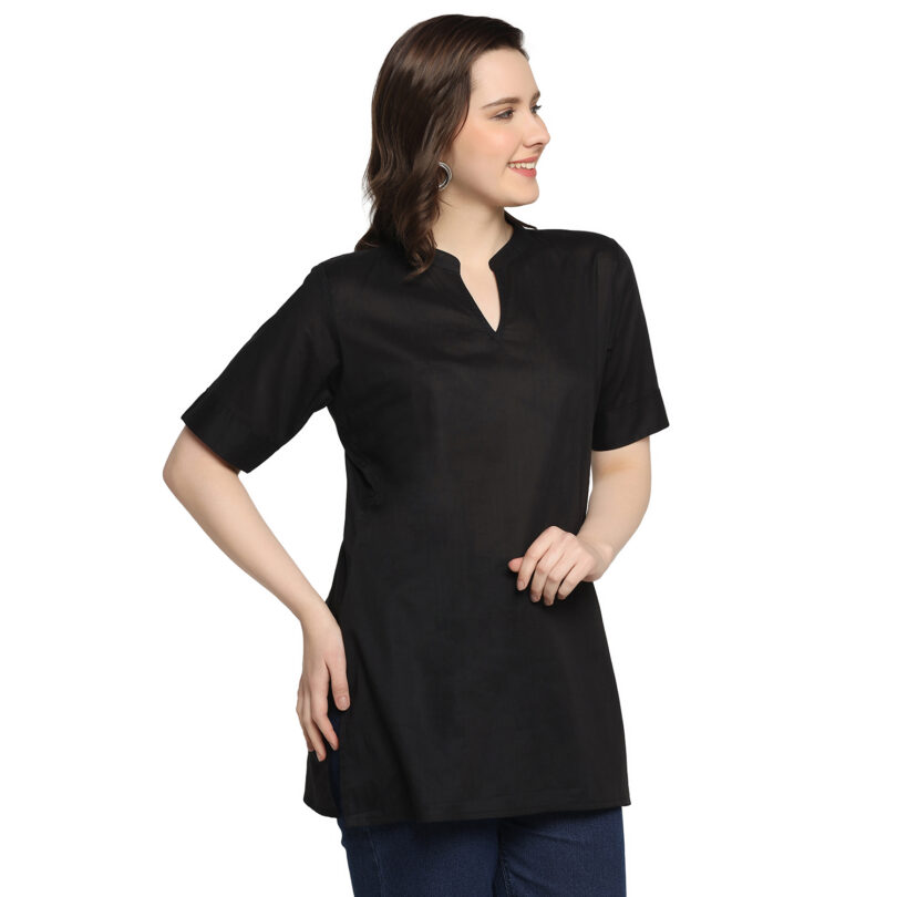 WOMEN COTTON TOP PLAIN BLACK CHINESE COLLAR - Image 5