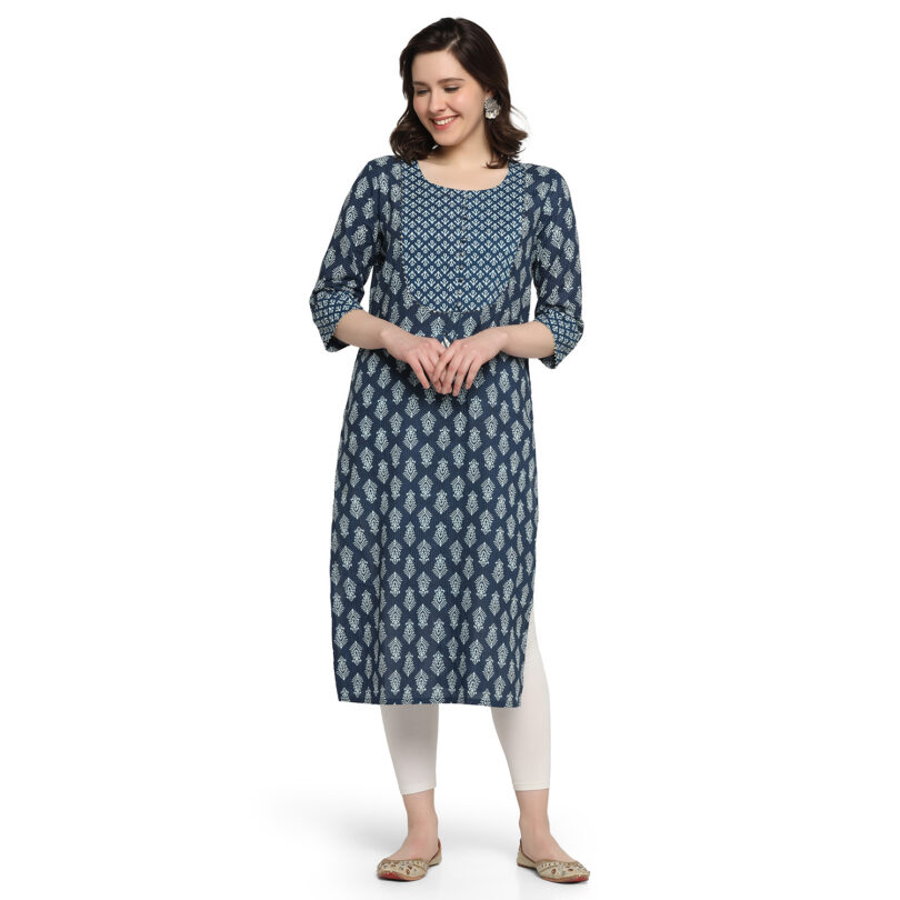 BLUE COTTON BLOCK PRINT STRAIGHT KURTA