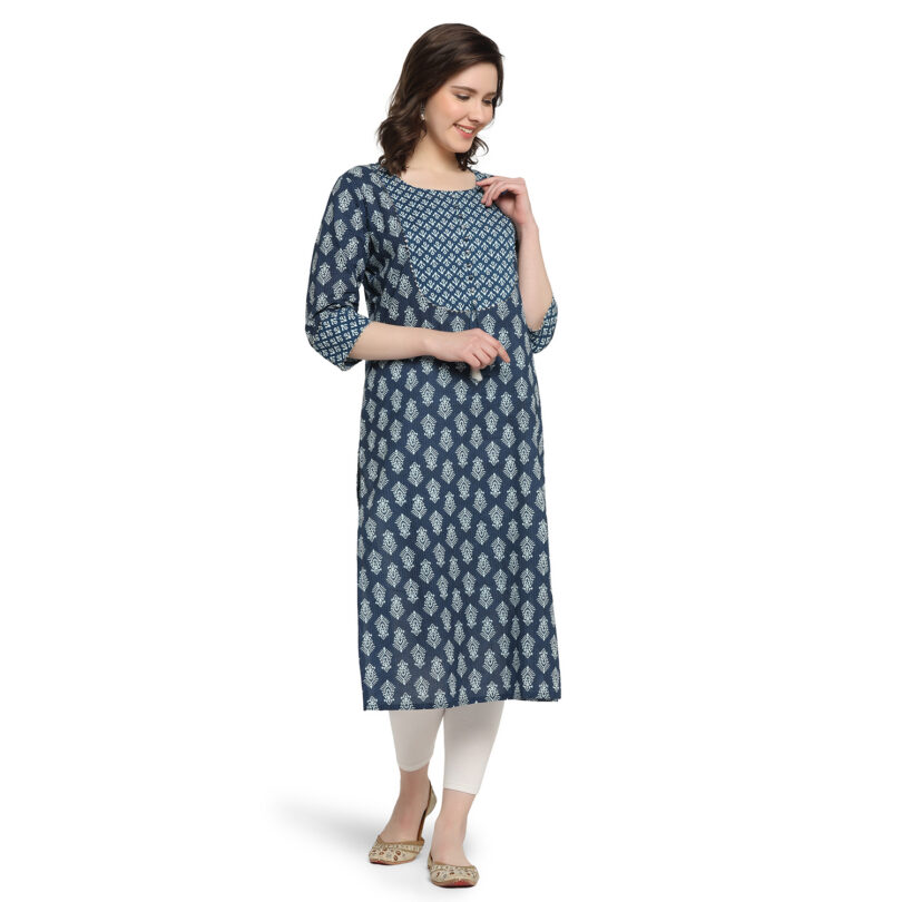 BLUE COTTON BLOCK PRINT STRAIGHT KURTA - Image 2