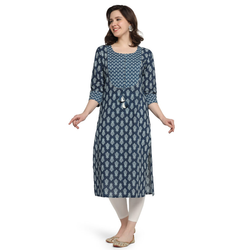 BLUE COTTON BLOCK PRINT STRAIGHT KURTA - Image 3