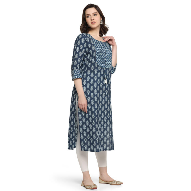 BLUE COTTON BLOCK PRINT STRAIGHT KURTA - Image 4
