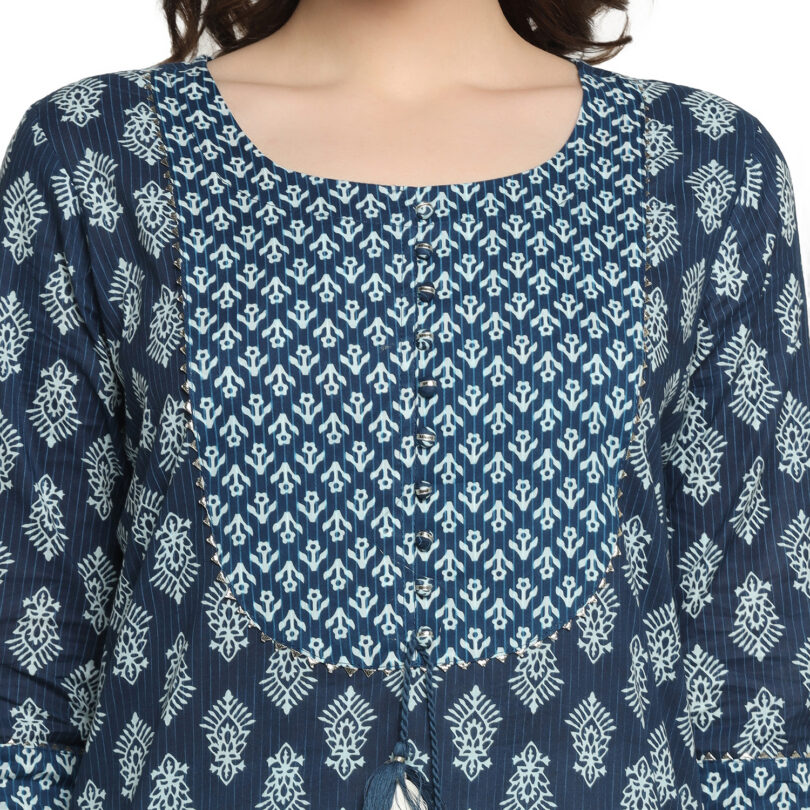 BLUE COTTON BLOCK PRINT STRAIGHT KURTA - Image 5