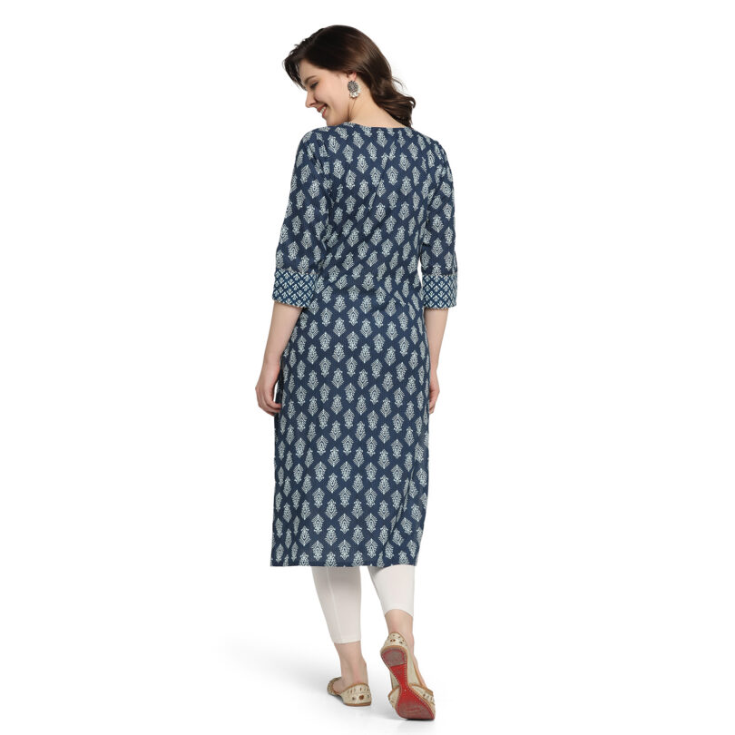 BLUE COTTON BLOCK PRINT STRAIGHT KURTA - Image 6