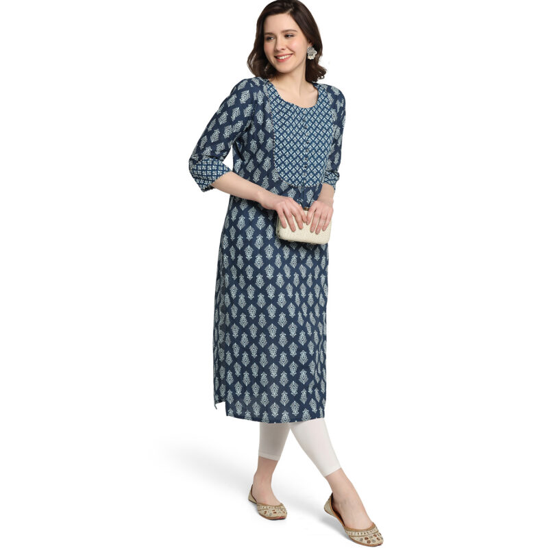 BLUE COTTON BLOCK PRINT STRAIGHT KURTA - Image 7