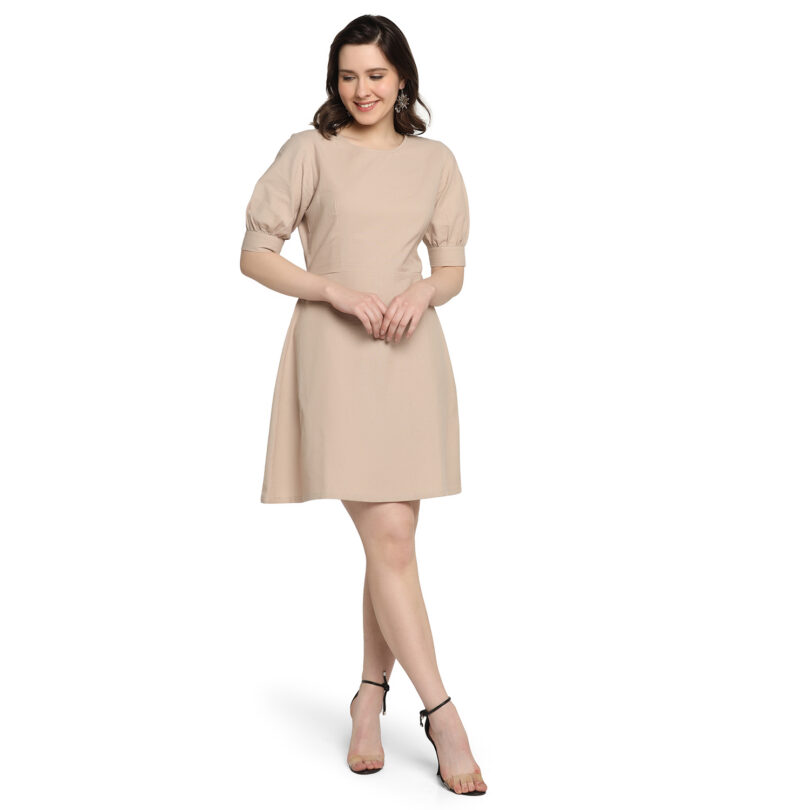 WOMEN COTTON ONEPIECE DRESS OVAL NECK IN CREAM COLOR - Image 2