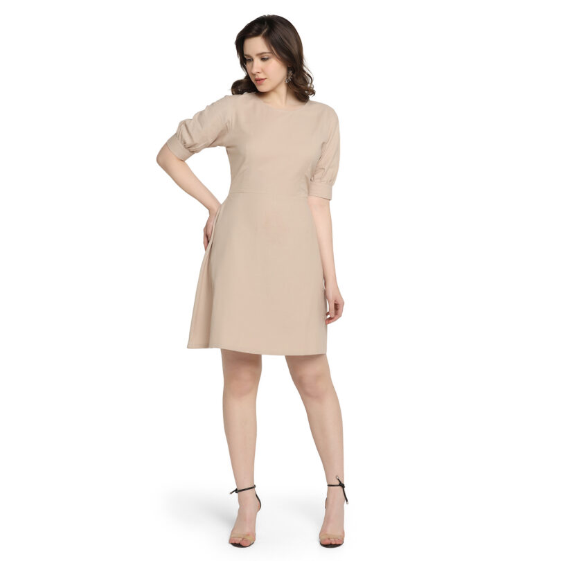 WOMEN COTTON ONEPIECE DRESS OVAL NECK IN CREAM COLOR