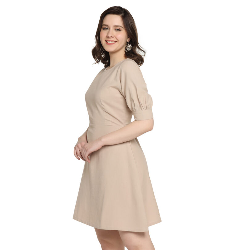 WOMEN COTTON ONEPIECE DRESS OVAL NECK IN CREAM COLOR - Image 3