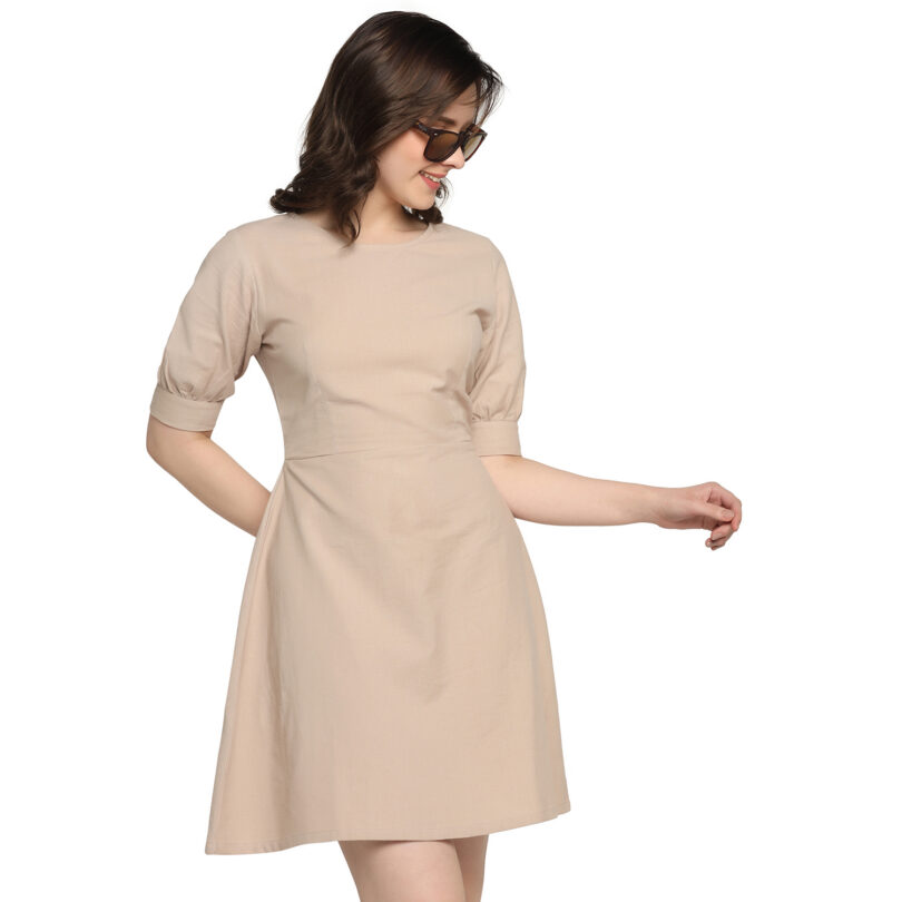 WOMEN COTTON ONEPIECE DRESS OVAL NECK IN CREAM COLOR - Image 9