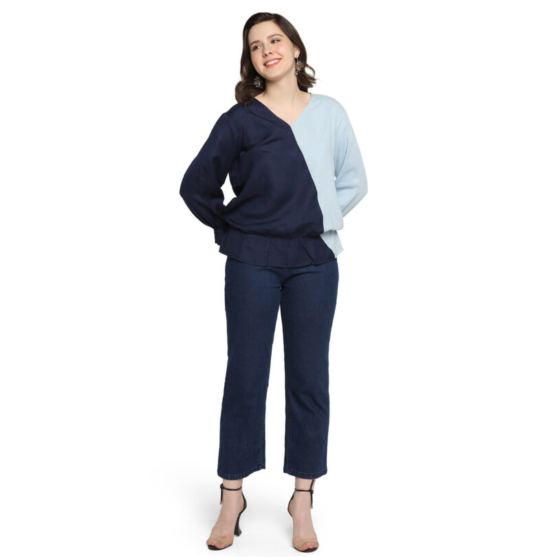 WOMEN COTTON TOP NAVY BLUE & SKY BLUE - Image 2