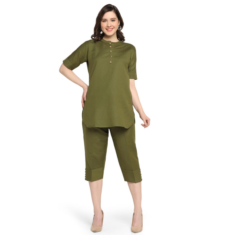 WOMEN GREEN COTTON TOP WITH PANT SET