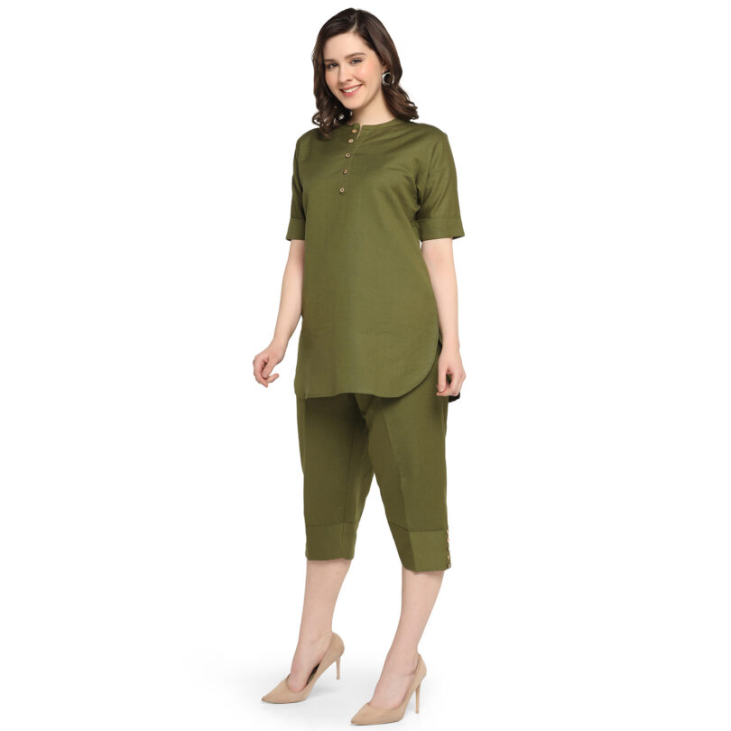WOMEN GREEN COTTON TOP WITH PANT SET - Image 2