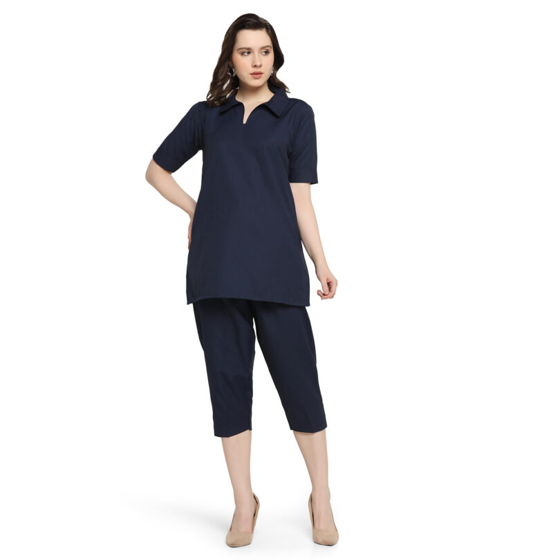 WOMEN NAVY BLUE LINEN TOP WITH PANT SET - Image 2