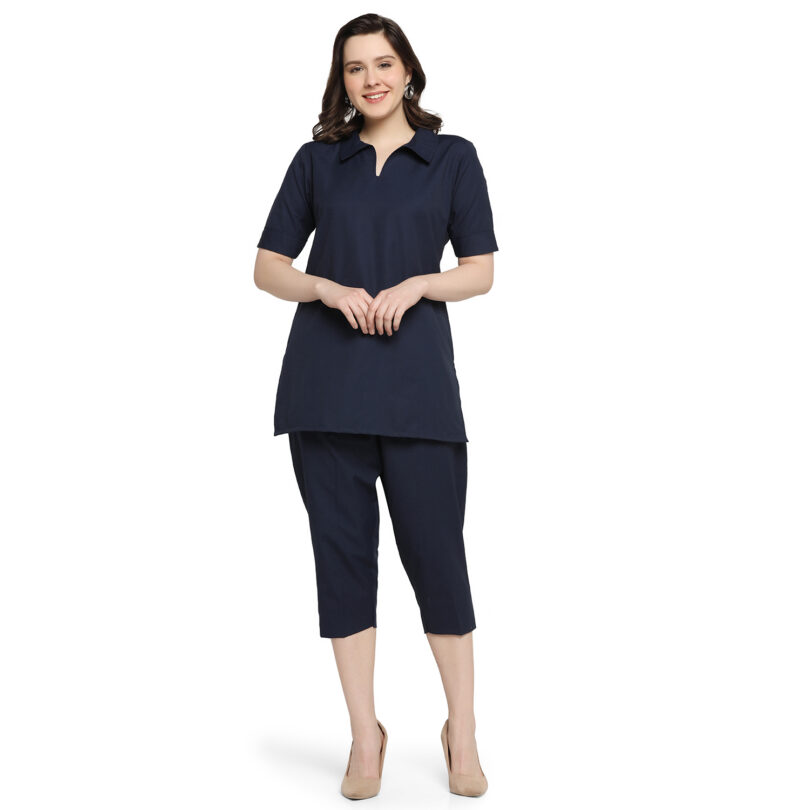 WOMEN NAVY BLUE LINEN TOP WITH PANT SET