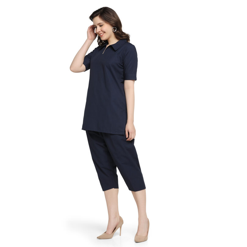 WOMEN NAVY BLUE LINEN TOP WITH PANT SET - Image 3