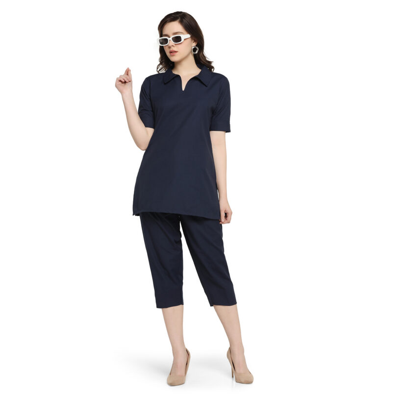 WOMEN NAVY BLUE LINEN TOP WITH PANT SET - Image 7