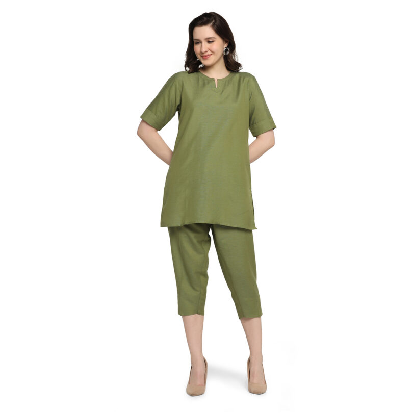 WOMEN GREEN LINEN TOP WITH PANT SET