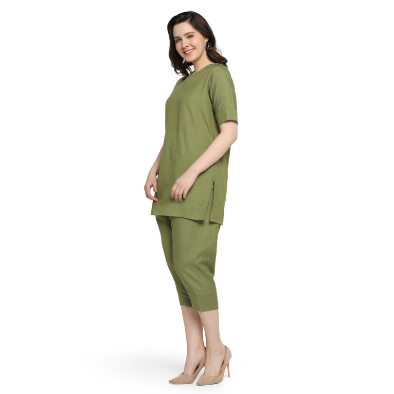 WOMEN GREEN LINEN TOP WITH PANT SET - Image 2