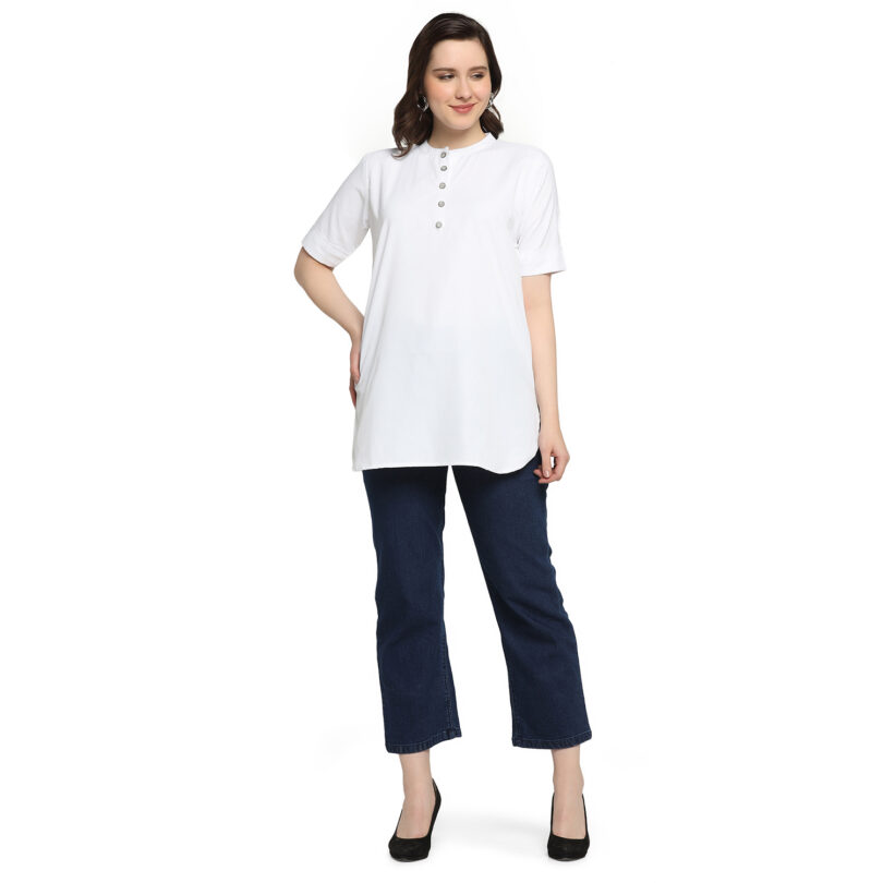 WOMEN SHORT KURTA IN WHITE AND NECK WITH BUTTON - Image 2