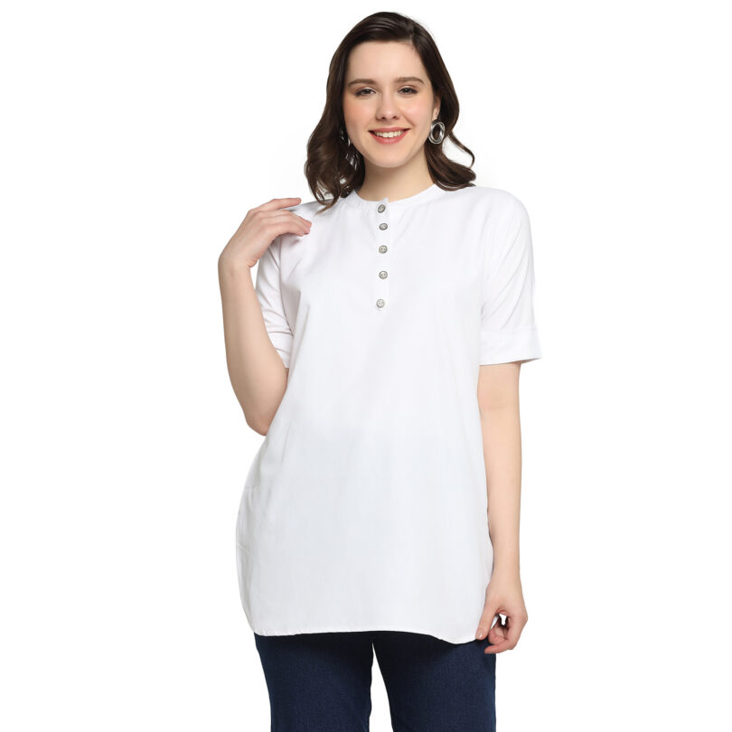 WOMEN SHORT KURTA IN WHITE AND NECK WITH BUTTON
