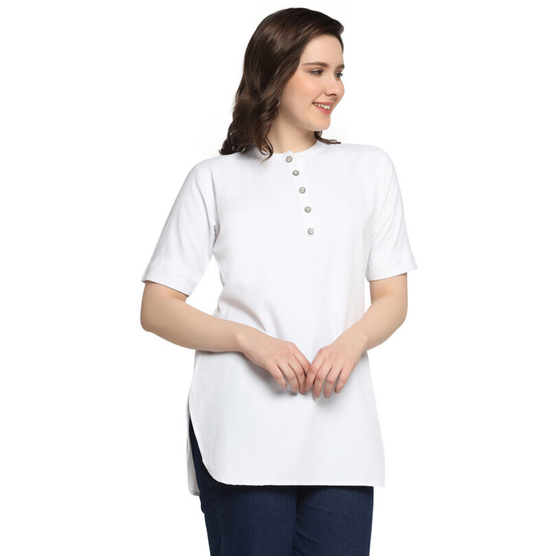 WOMEN SHORT KURTA IN WHITE AND NECK WITH BUTTON - Image 4