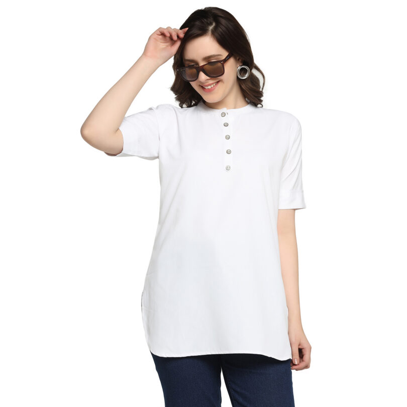 WOMEN SHORT KURTA IN WHITE AND NECK WITH BUTTON - Image 7