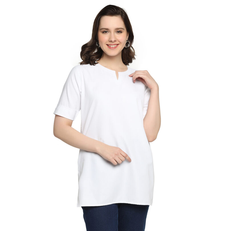 WOMEN SHORT KURTA  IN WHITE WITH OVAL NECK