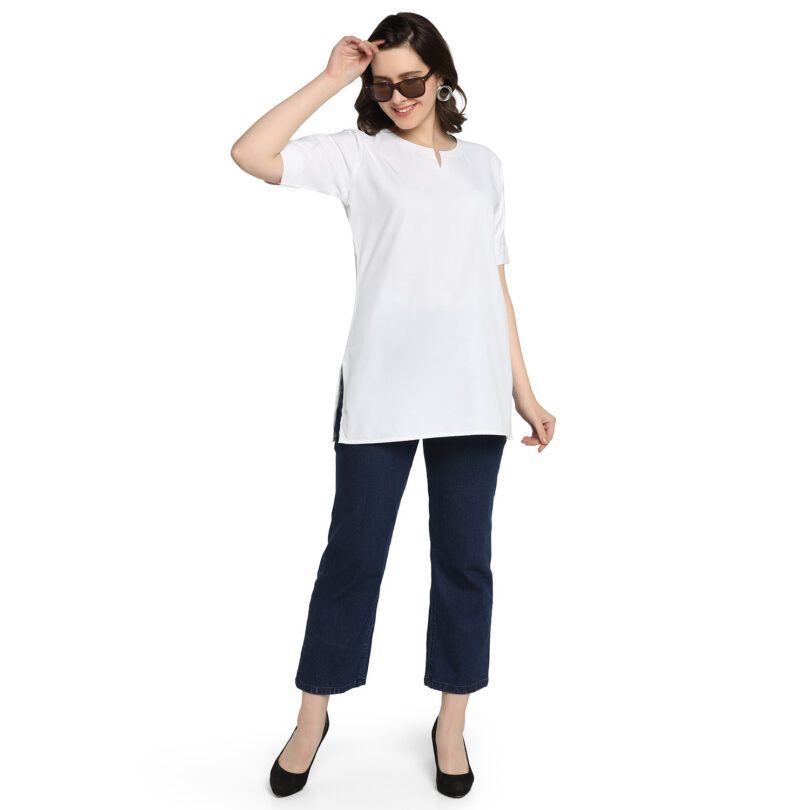 WOMEN SHORT KURTA  IN WHITE WITH OVAL NECK - Image 7