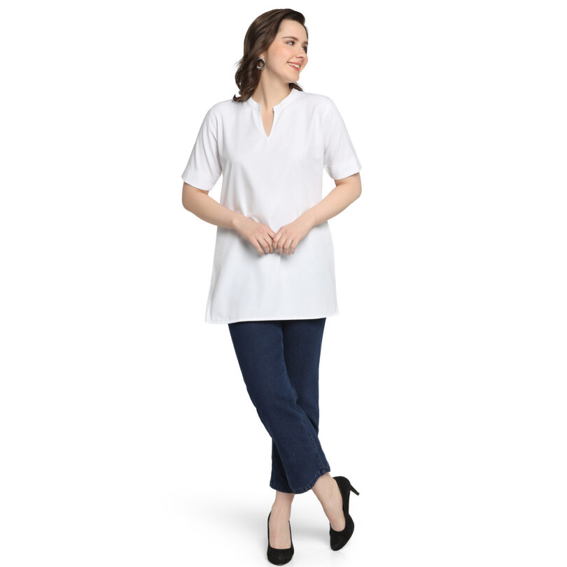 WOMEN SHORT KURTA WHITE IN CHINESE COLAR - Image 2