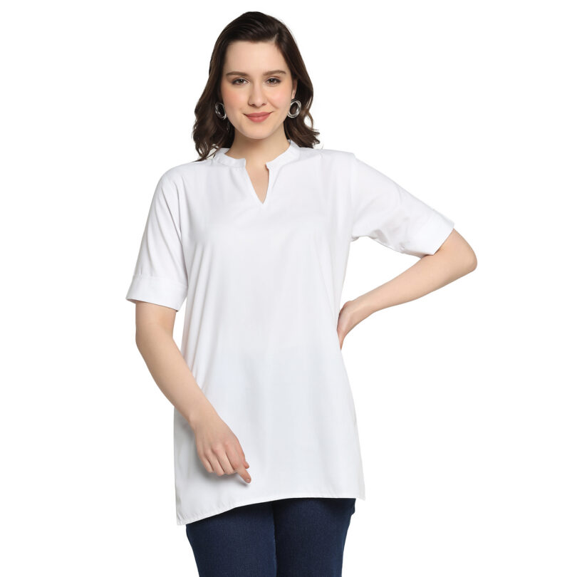 WOMEN SHORT KURTA WHITE IN CHINESE COLAR - Image 3