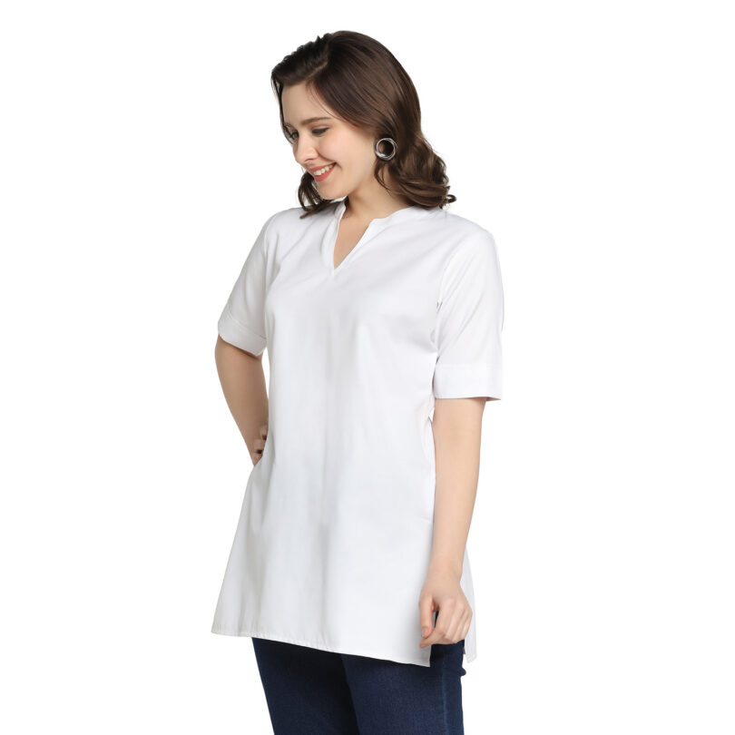 WOMEN SHORT KURTA WHITE IN CHINESE COLAR - Image 4
