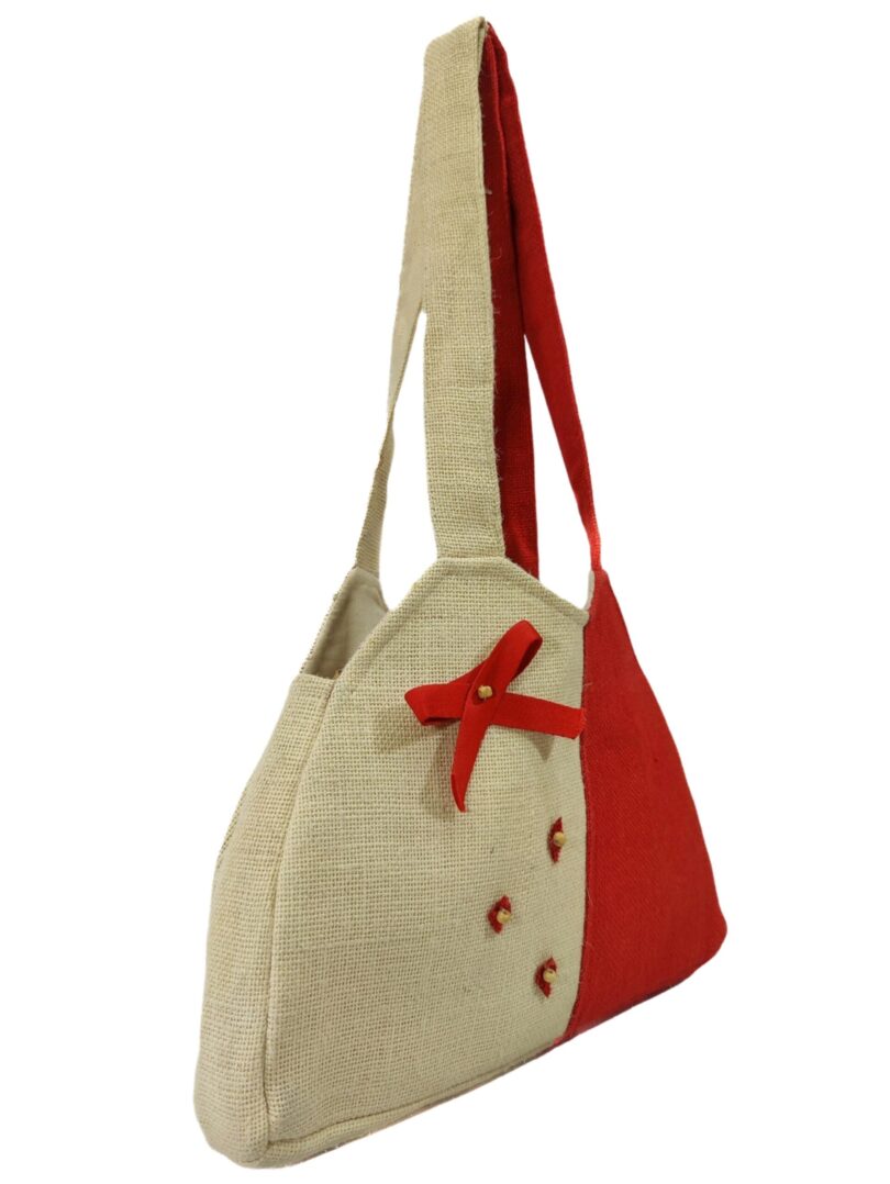 HAND BAG WITH ZIP POCKET & HANDLE BAG JUTE SHOULDER BAG FOR WOMEN COLOR RED & BEIGE. - Image 2