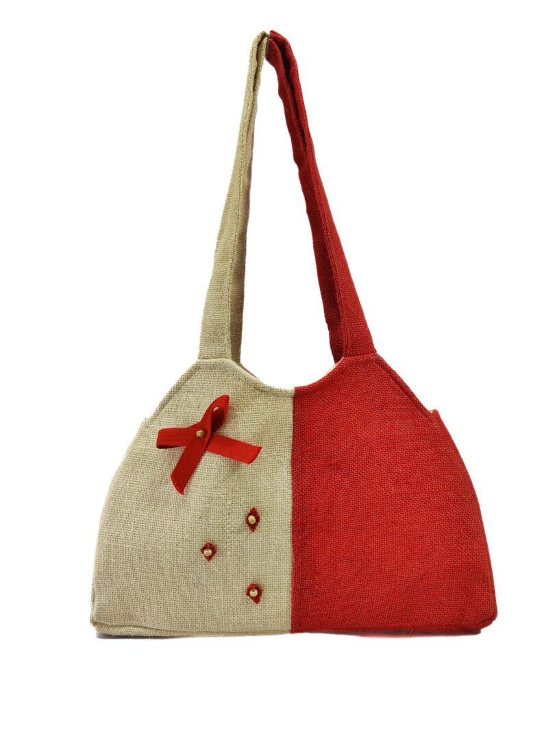 HAND BAG WITH ZIP POCKET & HANDLE BAG JUTE SHOULDER BAG FOR WOMEN COLOR RED & BEIGE.