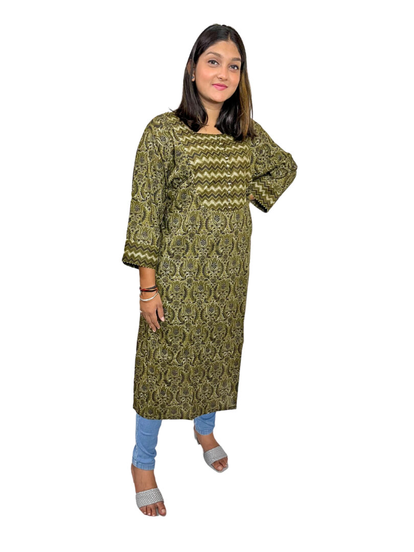 MEHENDI GREEN COTTON FLORAL PRINT STRAIGHT KURTA - Image 2