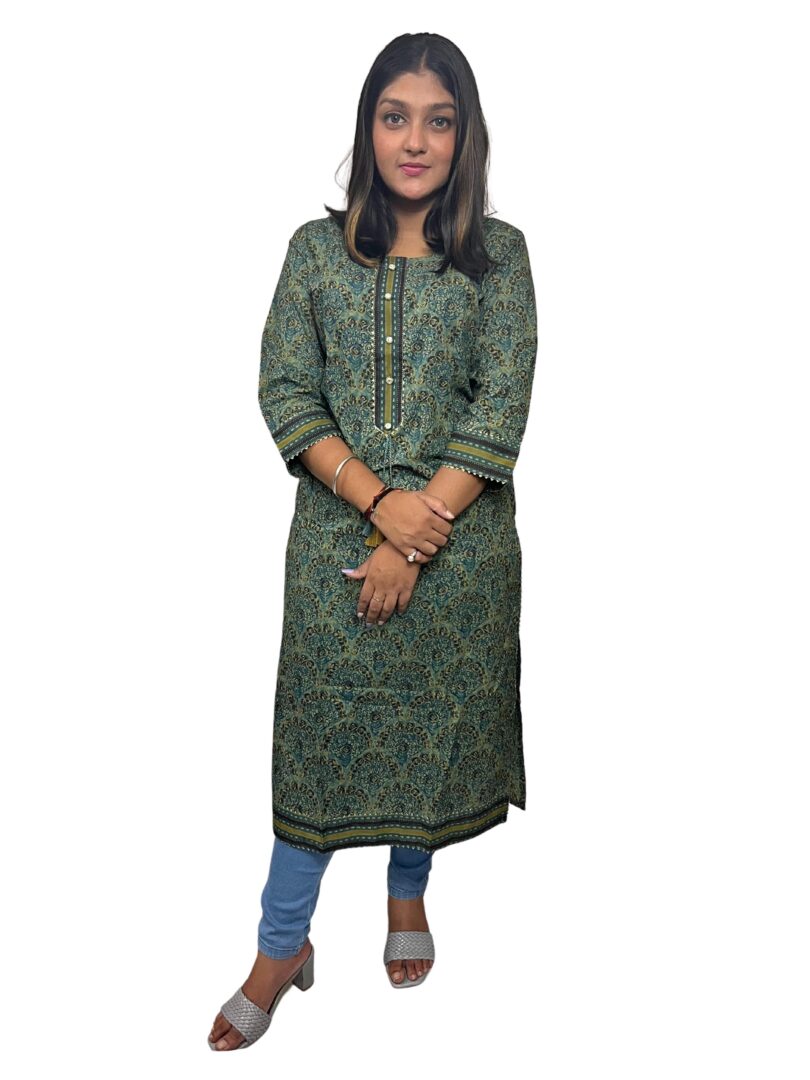 GREEN COTTON FLORAL PRINT STRAIGHT KURTA