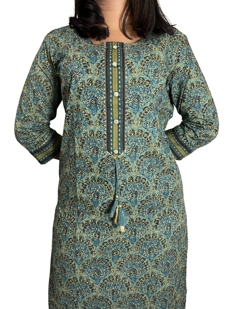 GREEN COTTON FLORAL PRINT STRAIGHT KURTA - Image 4