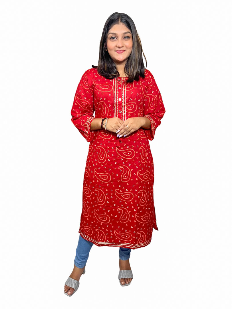 RED COTTON BLOCK PRINT STRAIGHT KURTA