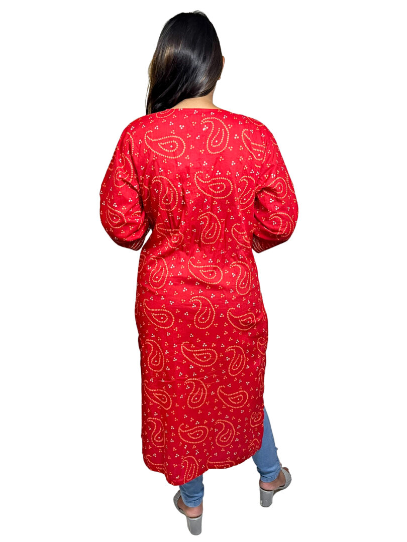 RED COTTON BLOCK PRINT STRAIGHT KURTA - Image 3