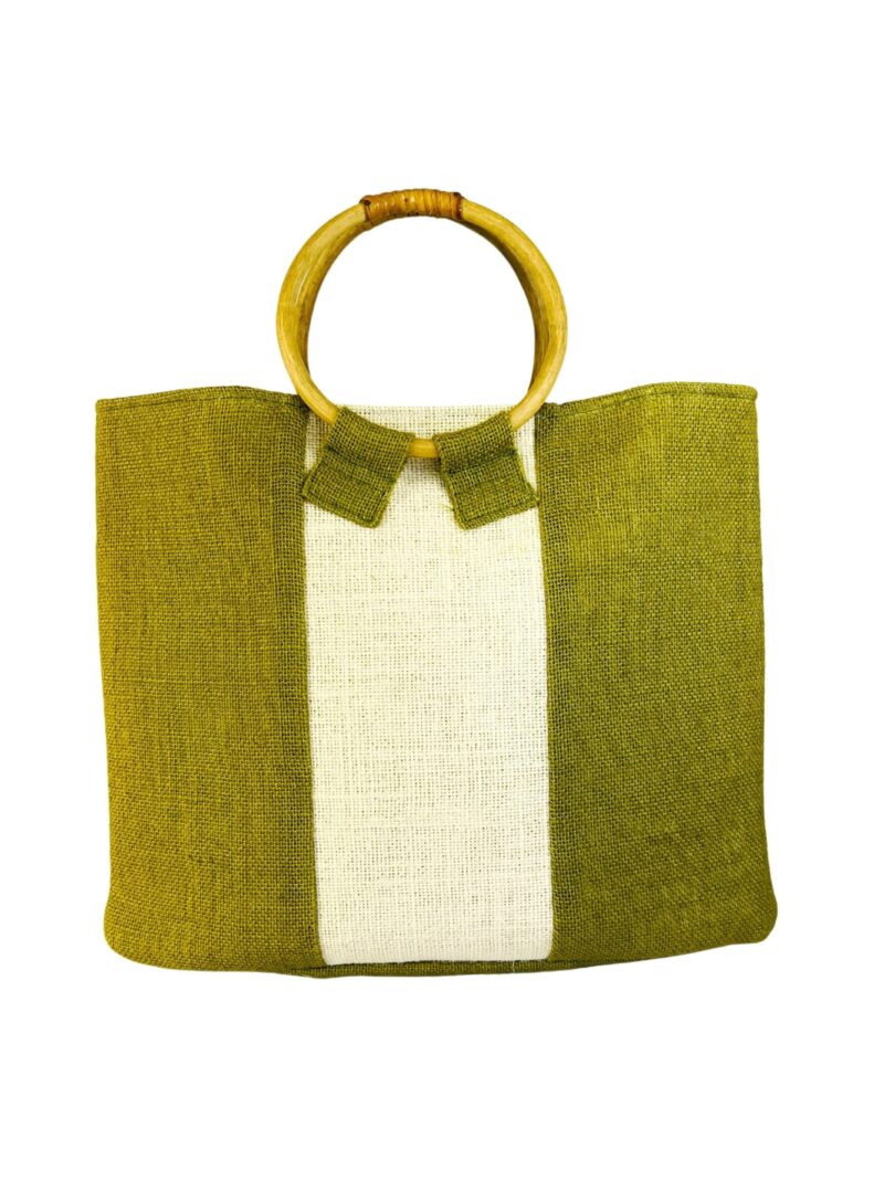 JUTE HAND BAG WITH WOODEN CREAM COLOR HANDLE