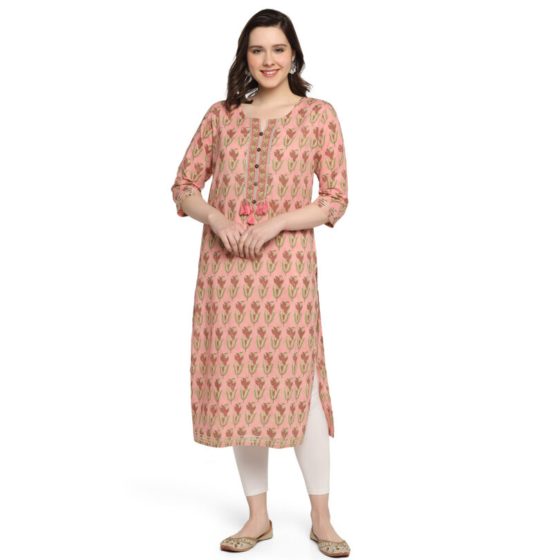 PINK COTTON FLORAL PRINT STRAIGHT KURTA