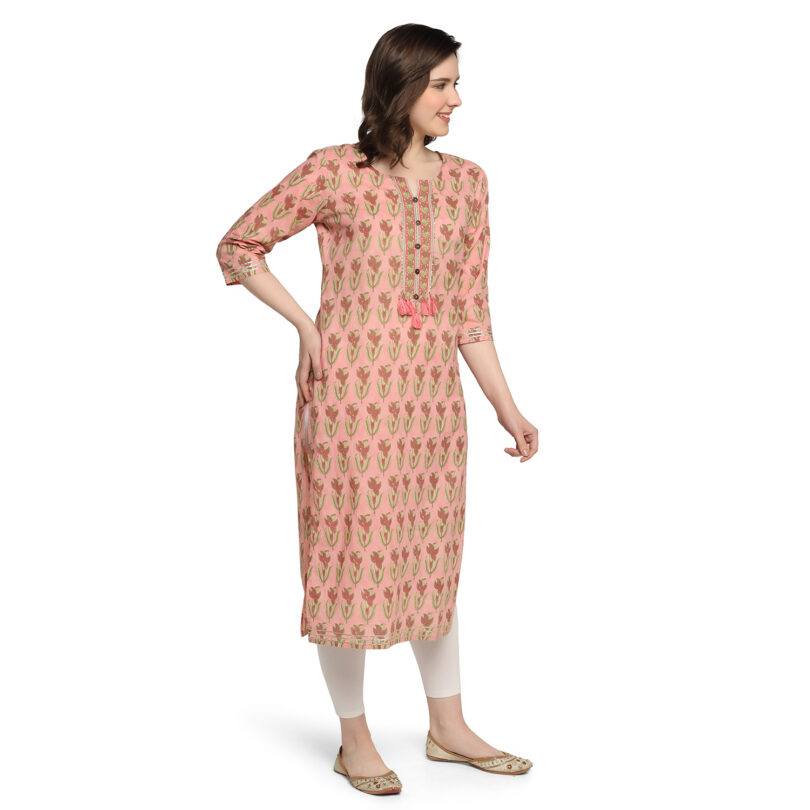 PINK COTTON FLORAL PRINT STRAIGHT KURTA - Image 3