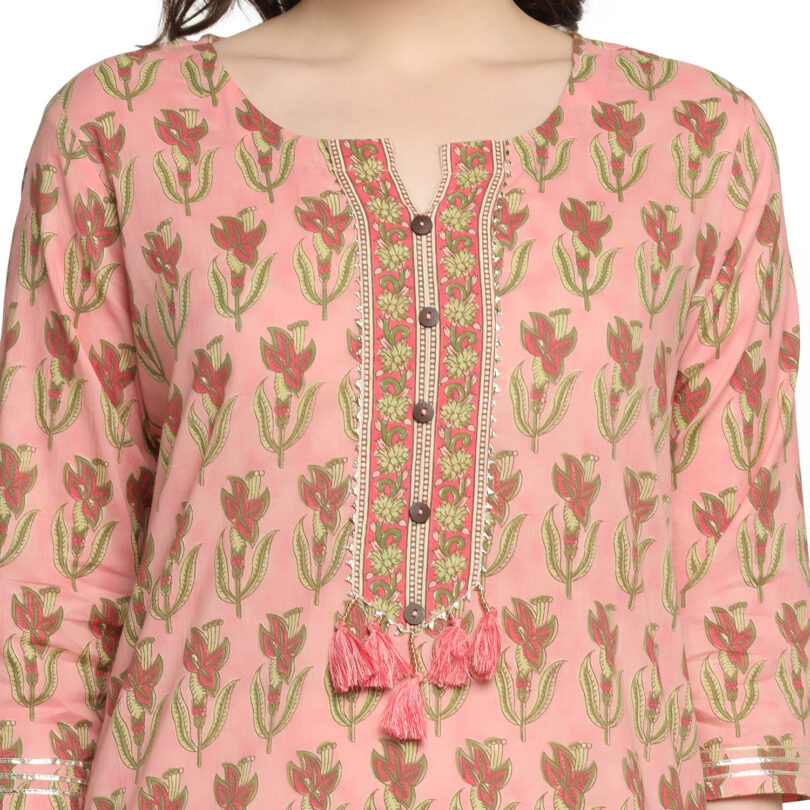 PINK COTTON FLORAL PRINT STRAIGHT KURTA - Image 4