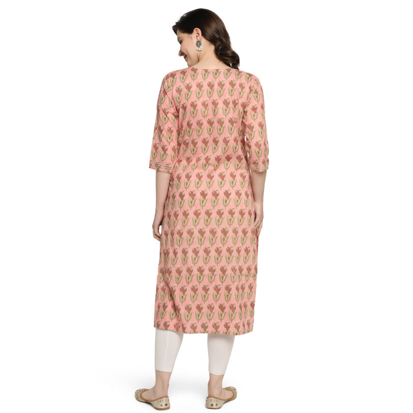 PINK COTTON FLORAL PRINT STRAIGHT KURTA - Image 5