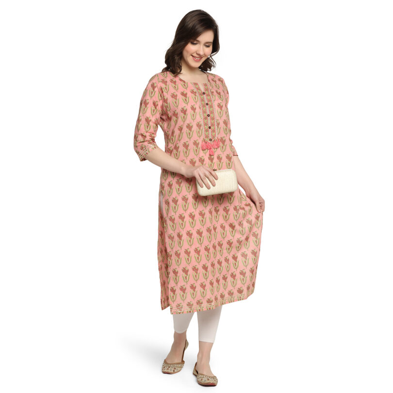 PINK COTTON FLORAL PRINT STRAIGHT KURTA - Image 6