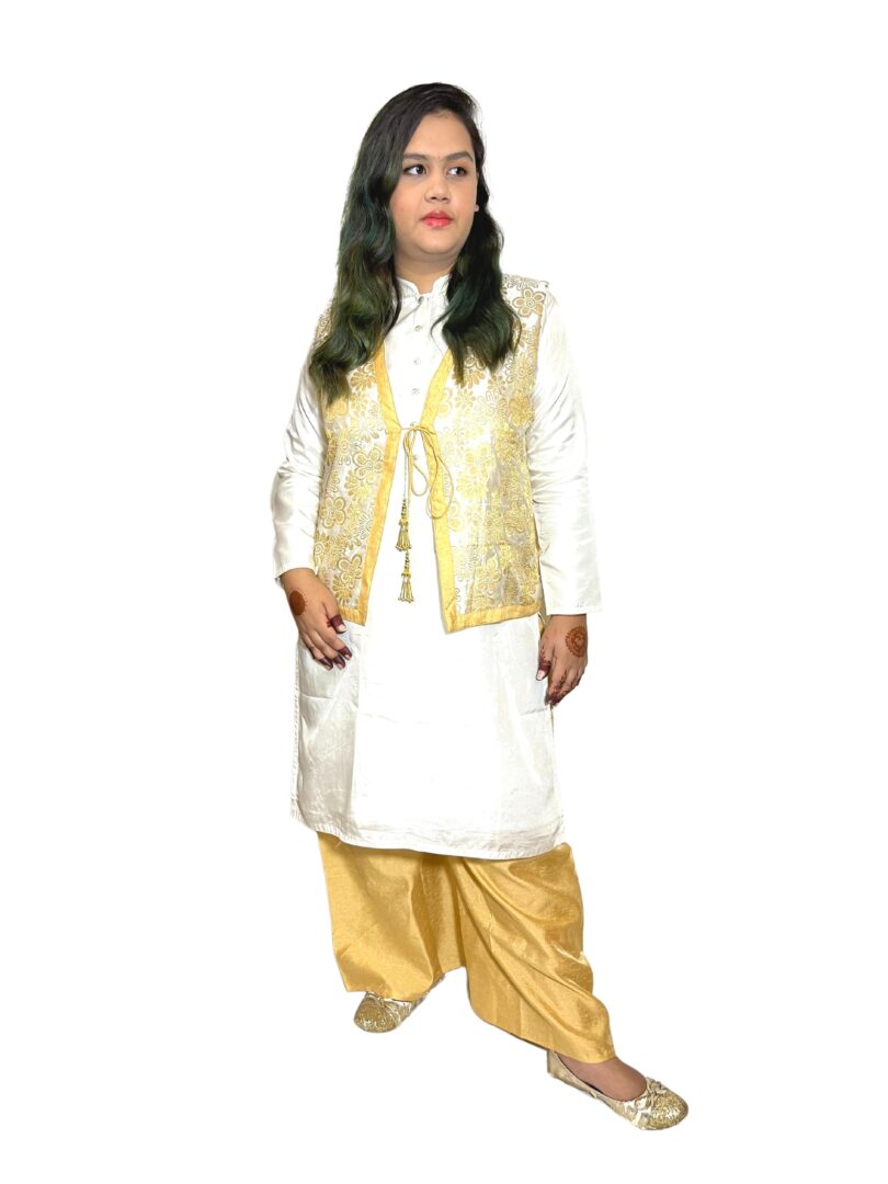 WOMEN GOLDEN SATIN KURTA SET WITH JACKET